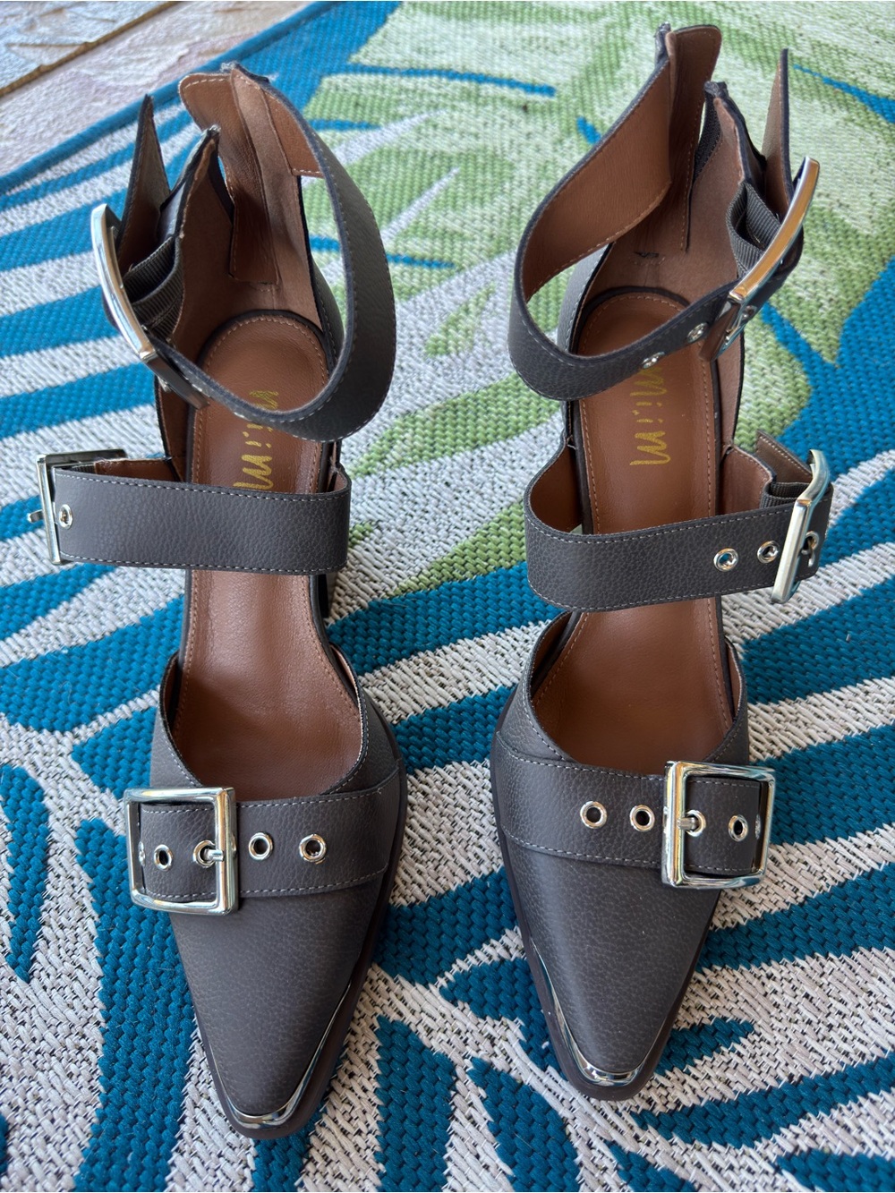Women’s 8.5 charcoal gray Buckle Pointed-Toe Ankle-Strap Heels